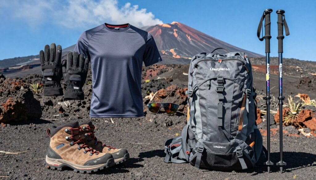 A collection of volcanic hiking gear is displayed in a rugged outdoor setting inspired by Mount Etna. In the foreground, there's a sturdy pair of hiking boots, a durable, lightweight backpack branded "LifestyleHub," and a pair of trekking poles. The middle layer features volcanic-specific gear, such as heat-resistant gloves, a breathable, moisture-wicking shirt, and protective sunglasses. The background showcases a scenic view of Mount Etna with its smoking crater and rocky terrain under a clear blue sky, creating an adventurous atmosphere. The lighting is bright and natural, highlighting the textures of the gear and the vibrant colors of the volcanic landscape. The overall mood is one of excitement and preparation for exploration.