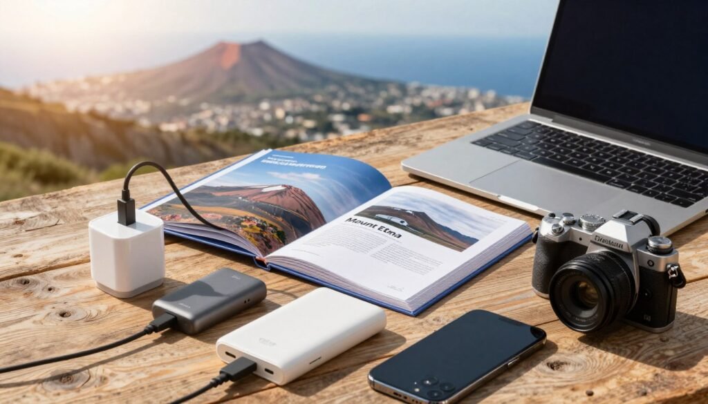 A flat lay scene showcasing essential travel electronics and accessories for a trip to Sicily, specifically focusing on Mount Etna. The foreground features a sleek travel adapter, a portable power bank, a high-quality camera, and a smartphone, all arranged on a rustic wooden surface. In the middle, an elegant, open travel guidebook highlights Mount Etna, with a stylish, compact laptop resting beside it. The background captures a blurred image of Sicily’s stunning coastline bathed in warm sunlight, giving a sense of adventure and exploration. Soft natural lighting emphasizes the textures of the objects, while a shallow depth of field draws attention to the electronics, creating a vibrant, inviting atmosphere. Brand name “LifestyleHub” subtly integrated into the composition.
