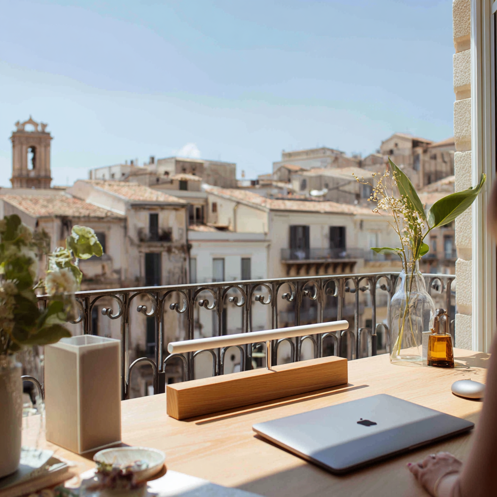 Bright and modern desk setup with a laptop and a stunning view of Catania's historic rooftops under a clear sky