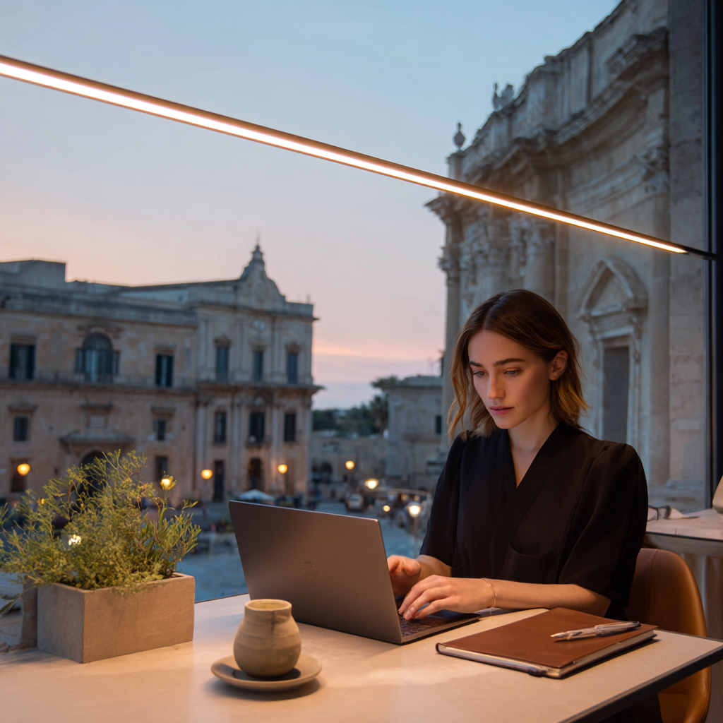 Elegant young woman working in a minimalist home office in Catania at dusk, illuminated by a monitor light bar, with a view of Sicilian baroque architecture in the background.