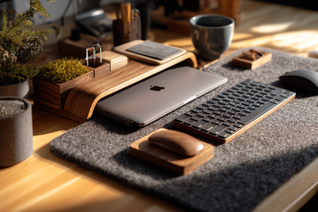 Close-up of a minimalist creative desk setup featuring a closed MacBook on a wooden stand, a grey felt desk mat, a mechanical keyboard with wood accents, and a wooden modular organizer in warm morning sunlight.