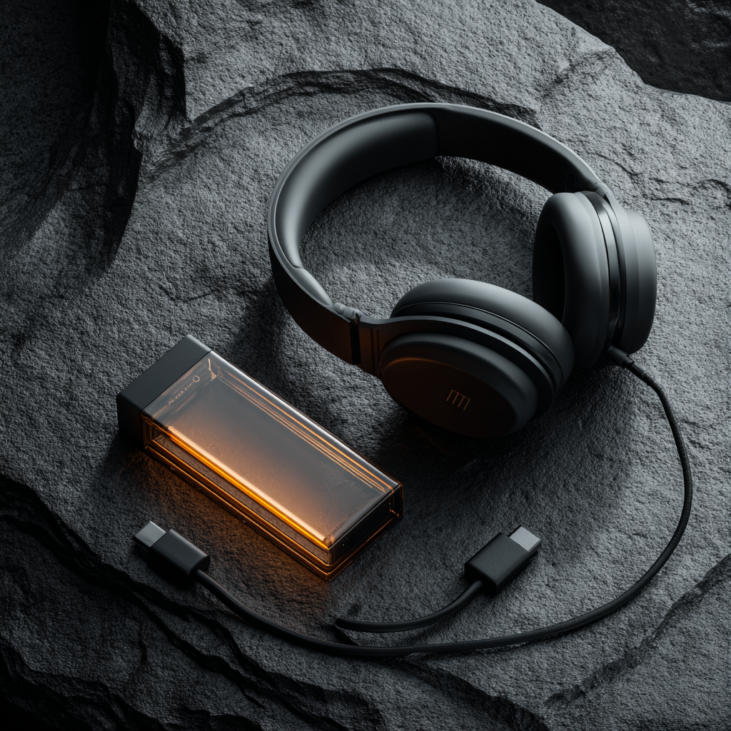 Modern noise-canceling headphones and a high-tech transparent power bank on a dark stone background