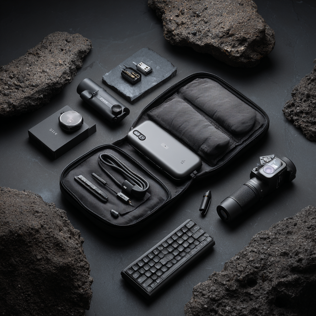 Organized tech pouch with a gimbal camera and portable keyboard on a dark slate surface.