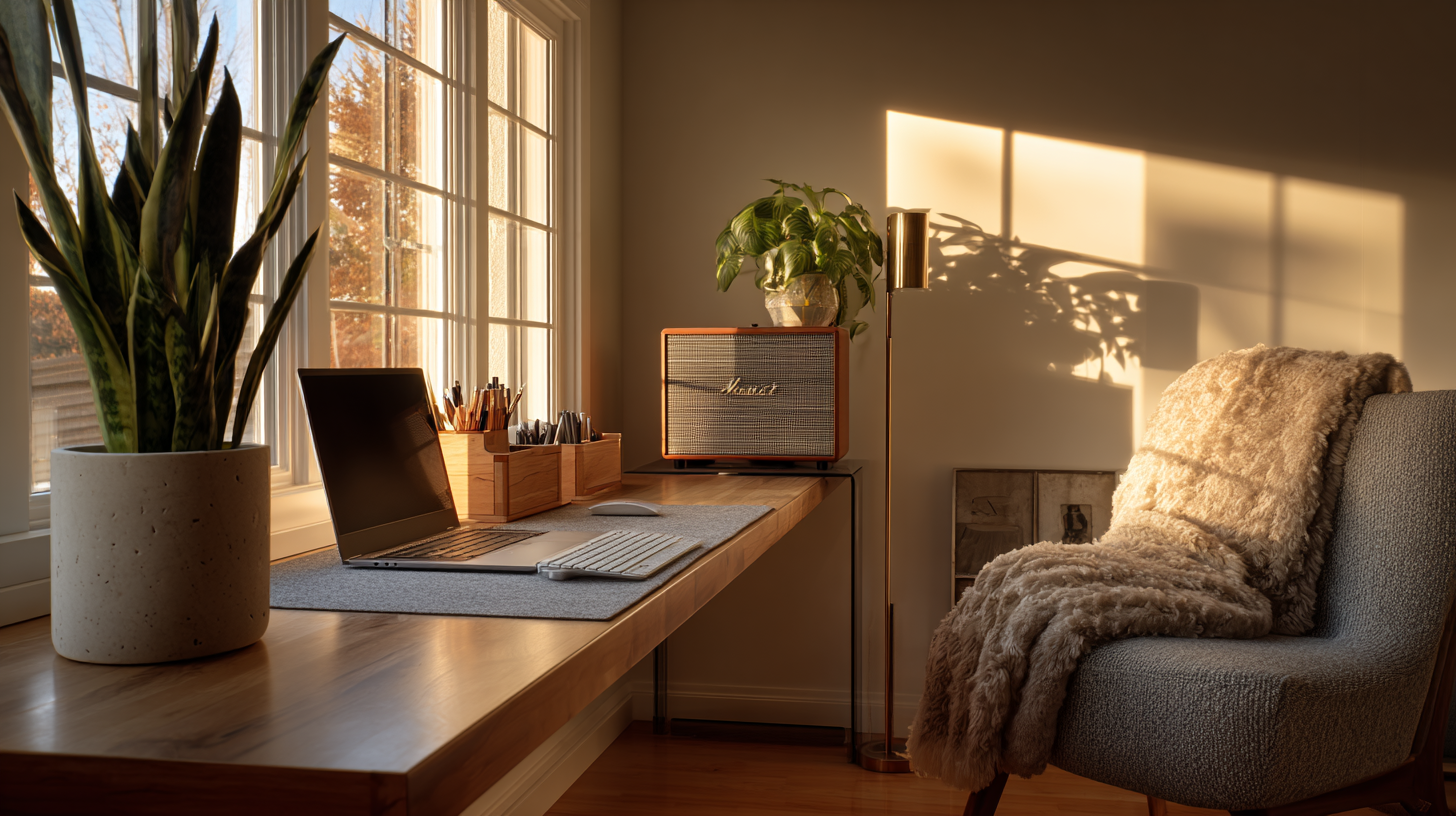 A serene minimalist home office setup at golden hour featuring a solid wood desk, a laptop on an ergonomic stand, a grey wool felt desk mat, a snake plant, and warm ambient lighting.