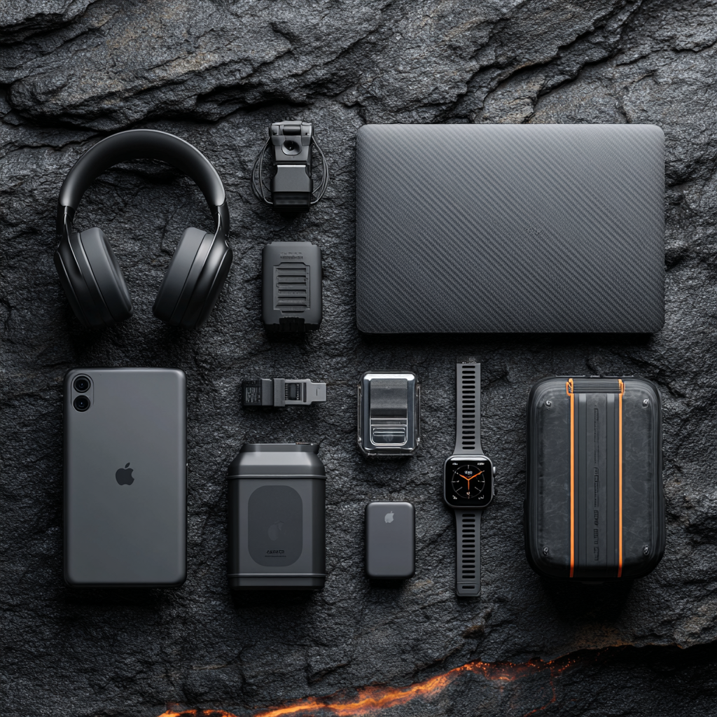 Top view of minimalist travel gadgets on a dark volcanic rock background, featuring a laptop, camera, and chargers.