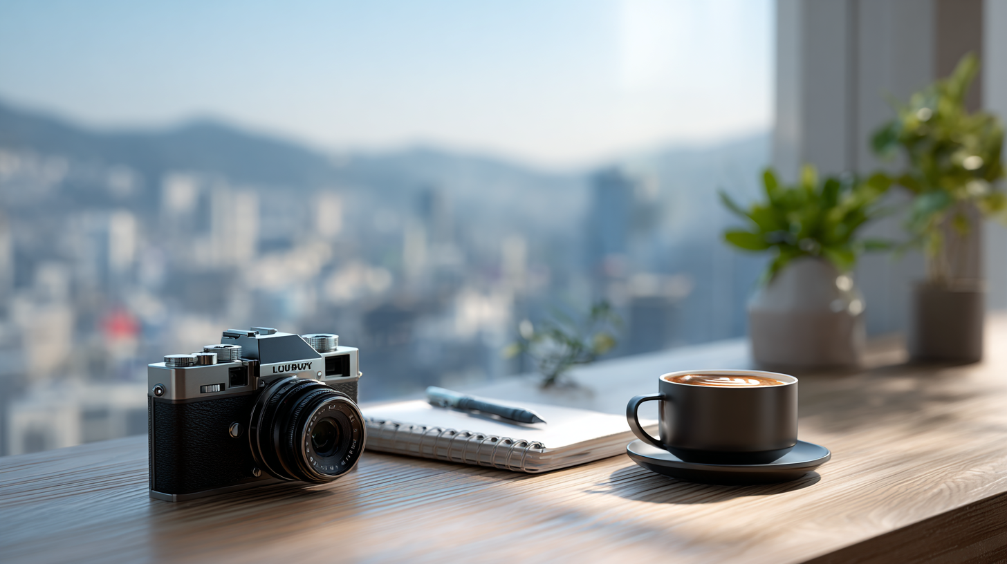 minimalist lifestyle photography of a clean wooden desk near a window with soft natural light. On the desk there is a vintage camera, a sleek notebook, a cup of specialty coffee, and a small green plant.