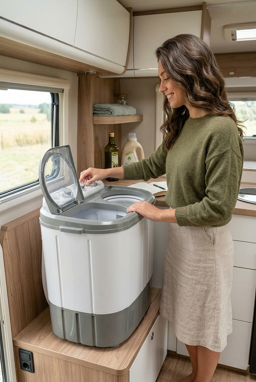 A compact portable washing machine on a camper van countertop.
