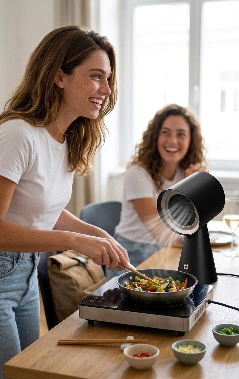 A high-quality composite image of the CIARRA Hood To Go portable range hood. The main view shows a woman with wavy hair cooking, with the device suctioning steam from a pan. Overlaid technical details show an exploded view of the triple-layer filtration system (heavy mesh, activated carbon granules, and polymer filter) and a close-up of the touch control panel with LED indicators on the base, matching the real product specifications.